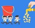 BusinessmanÃ¢â¬â¢s team carry a bucket to money tap, business concept Royalty Free Stock Photo